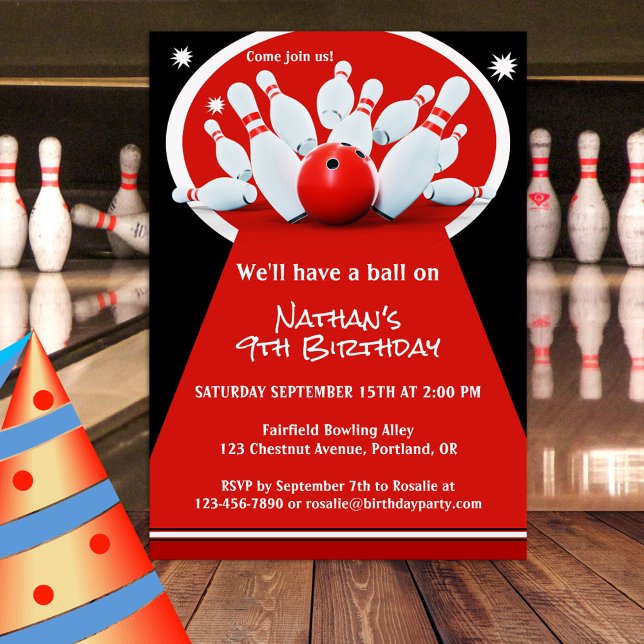Bowling Anniversaire Fête Invitation (A birthday party invitation featuring a bowling scene in a minimalist sportive red, black and white )