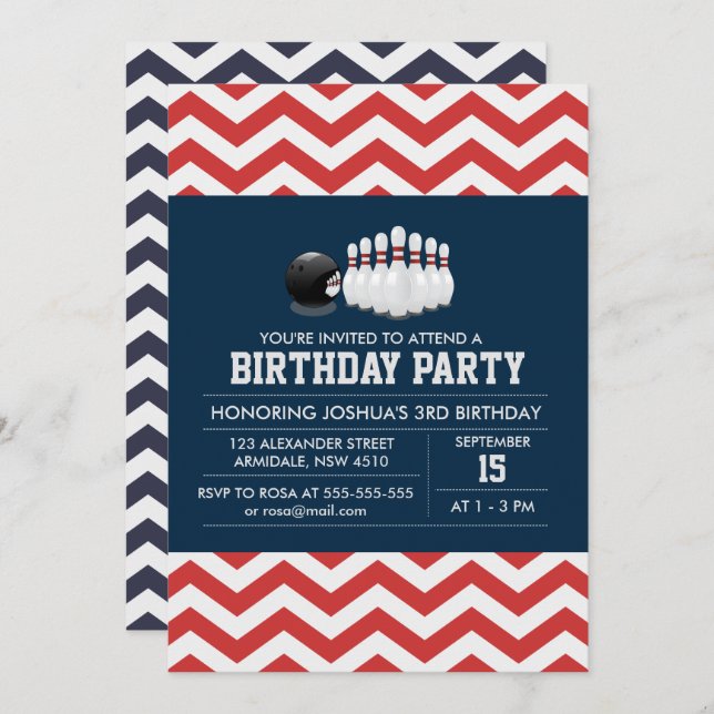 Bowling chevron sport anniversaire invitation garç (Devant / Derrière)