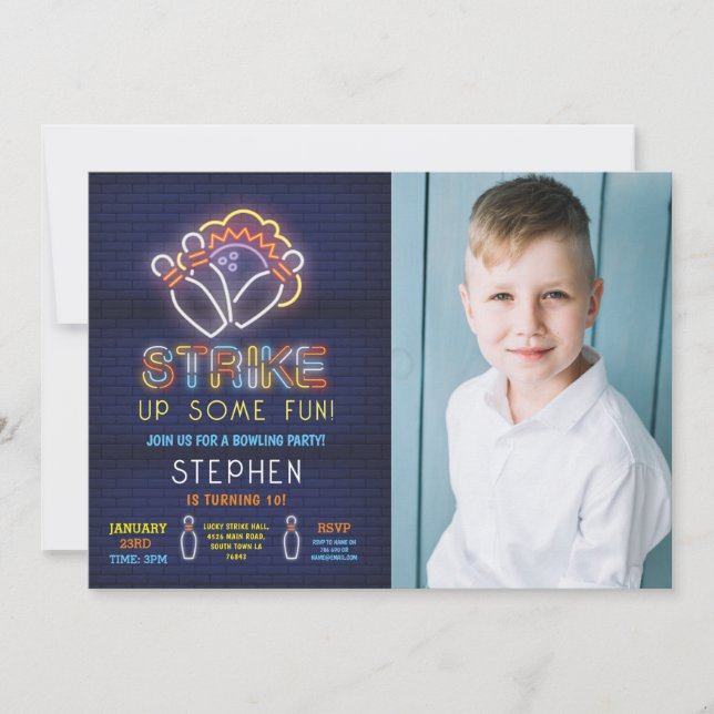 Bowling Invitation Anniversaire Fête Neon Photo Gr (Devant)