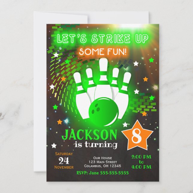 Bowling Invitation Glow Neon Boy Bowling Birthday (Devant)