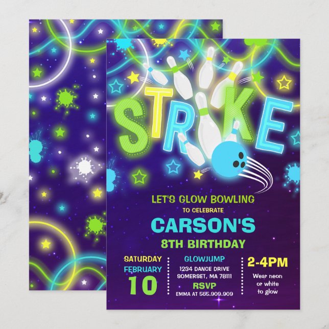 Bowling Invitation lueur Neon Bowling Anniversaire (Devant / Derrière)