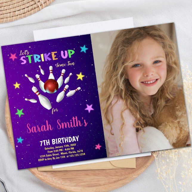 Bowling violet clair Invitations Anniversaire avec (Light Purple Bowling Birthday Invitations w photo)