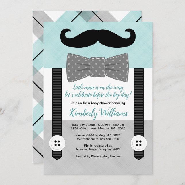 Bowtie baby shower invitation menthe gris petit ho (Devant / Derrière)