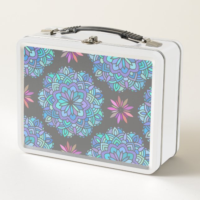 Box Bleu Fleur Mandala Boîte à lunch en métal (Devant)