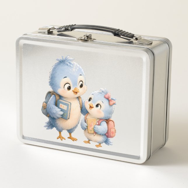 Box Boîte à lunch argentée avec de mignons oiseaux ble (Devant)