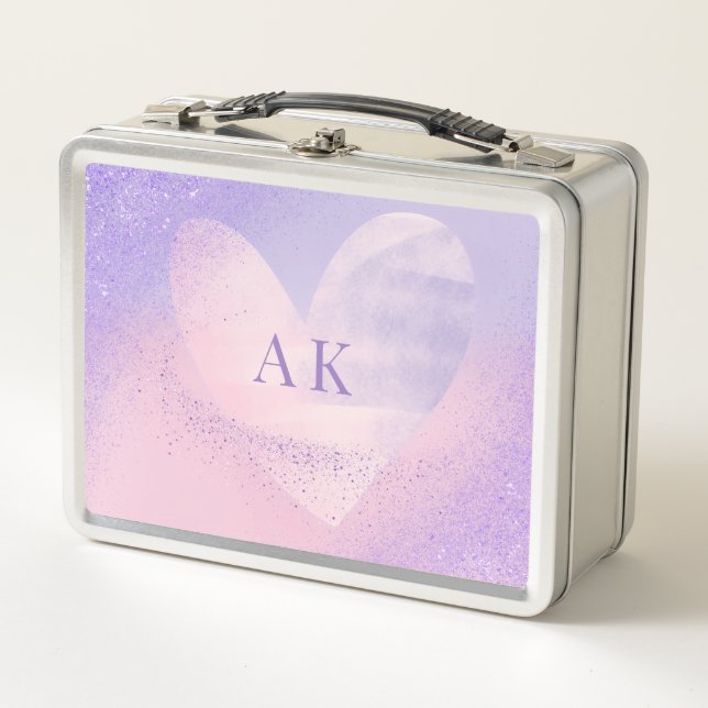 Box Boîte à lunch Cœur Dégradé Rose Violet Monogramme (Devant)