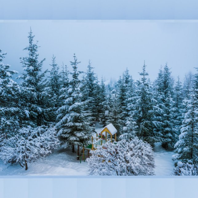 Box Boîte à lunch en métal des arbres neigeux (A wide shot captures a snow-covered forest, with a playground nestled among the trees,)