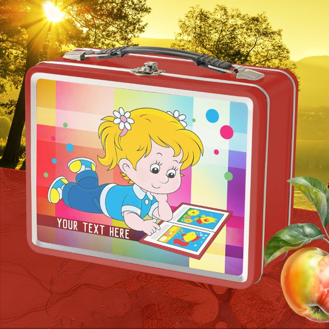 Box Boîte à lunch en métal pour fille couleur mignonne (Lunch Box featuring a cute and colorful design with a girl reading a book - back to school)