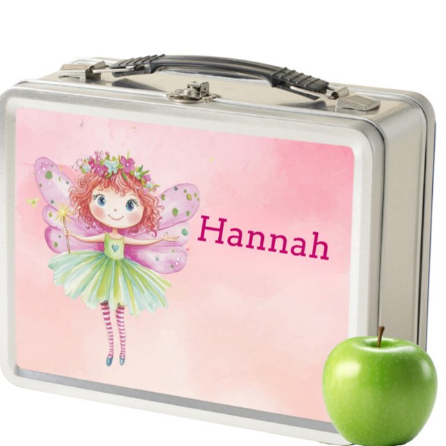Box Boîte à lunch en métal rose personnalisée pour enf (Personalized Fairy Lunch Box for Kids – Cute Pink Magical Lunchbox with Name, Whimsical School Snac)