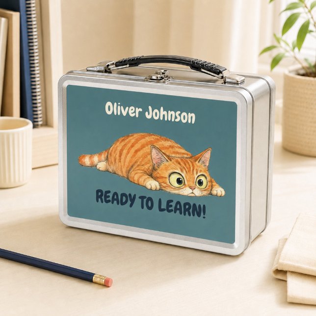 Box Boîte à lunch en métal sarcelle foncé avec chat or (Personalized Funny Orange Cat Dark Teal Metal Lunch Box)