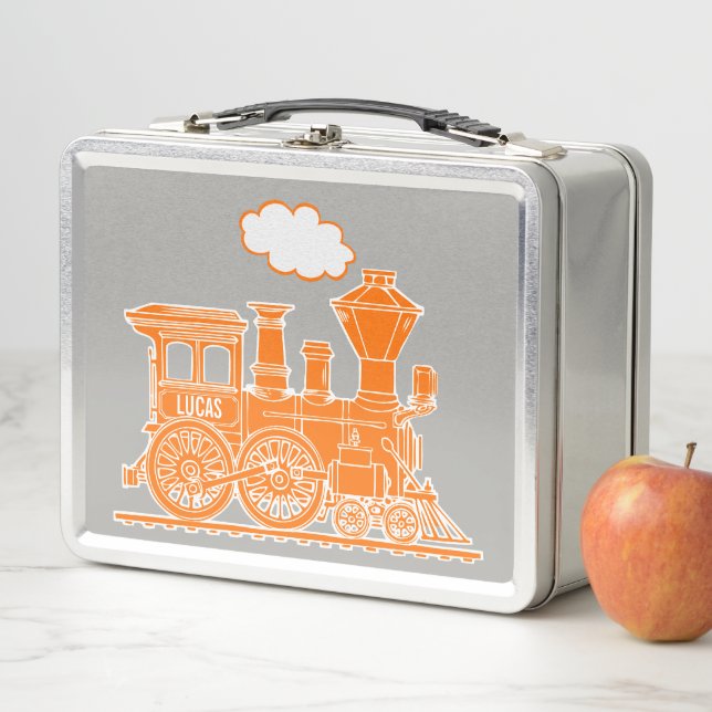 Box Boîte à lunch enfant train à vapeur orange nom (En situation)