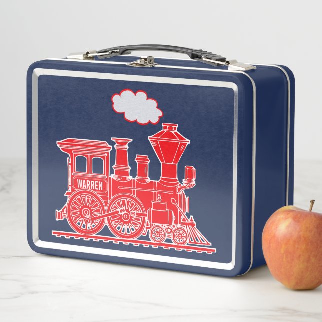 Box Boîte à lunch enfant train à vapeur rouge nom (En situation)