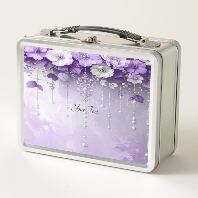 Box Boîte à lunch Fleurs violettes avec perles pendant (Devant)