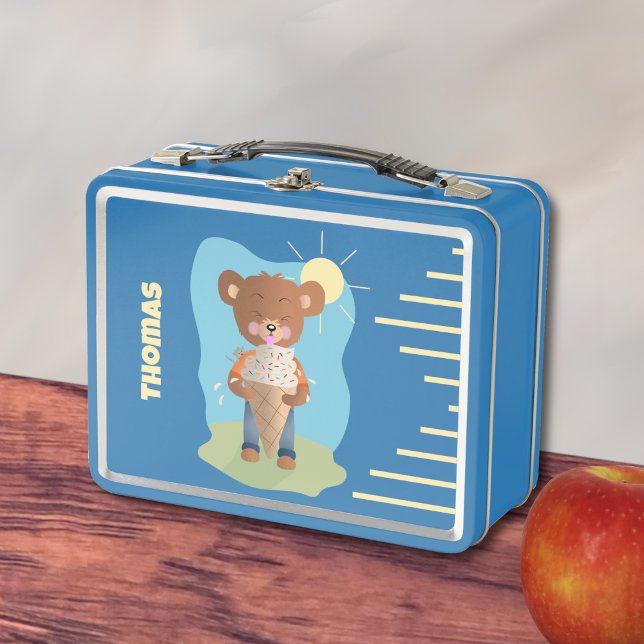 Box Boîte à lunch métallique drôle d'ours brun avec en (Kid metal lunchbox with a funny brown bear trying to eat a giant ice cream cone . )
