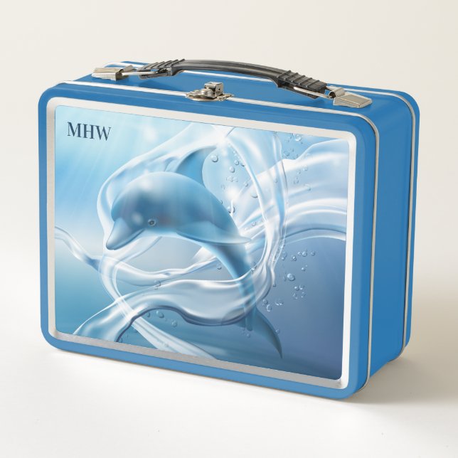 Box Boîtes à lunch Dolphin bleu personnalisé monogramm (Devant)