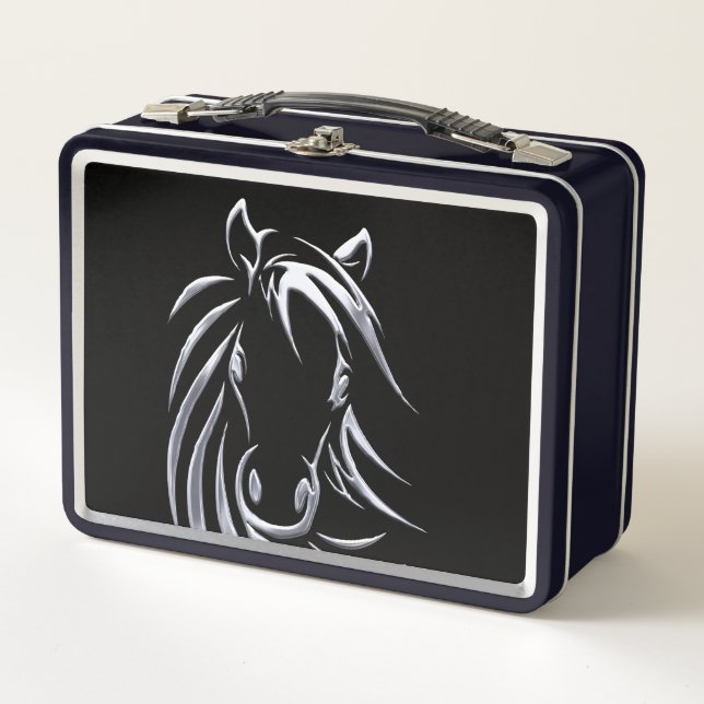 Box Cheval d'argent tête sur boîte à lunch noire (Devant)