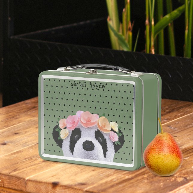 Box Cute Panda Ours Nom personnalisé Boîte à lunch en  (A cute panda bear with flowers in her hair. Just add your name to this retro metal lunch box)
