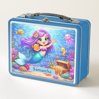 Box Cute Under the Sea Mermaid Kids Name Metal Lunch 