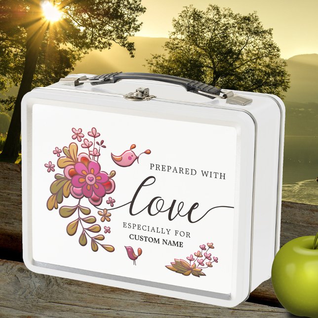 Box Élégante boîte à lunch d'amour floral (Elegant lunch box featuring a floral design with cute small birds and a script love text)