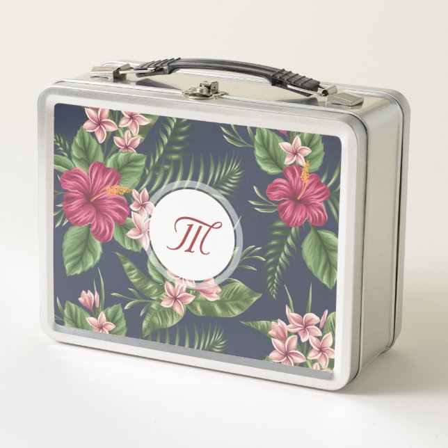 Box Motif floral Hibiscus Monogramme Boîte à lunch mét (Devant)