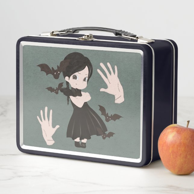 Box Petite fille en robe noire boîte à lunch métal (En situation)