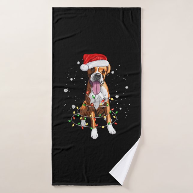 Boxe Chien Arbre Lumières Noël Jeu de Noël Pyjama  (Serviette de bain)