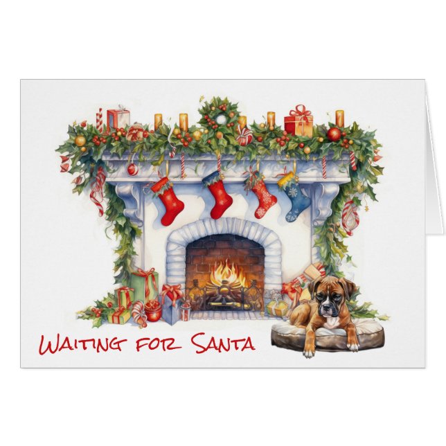 Boxe Chiot en attente sur la cheminée de Noël Père (Devant horizontal)