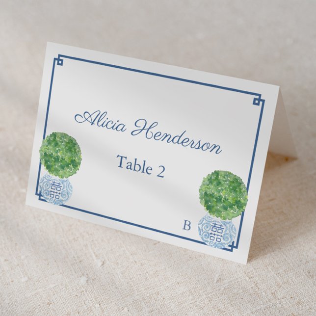 Boxwood Topiary Ginger Jar Mariage Carte Place (Individual place card design featuring boxwood topiary and navy and white greek key, ginger jars)