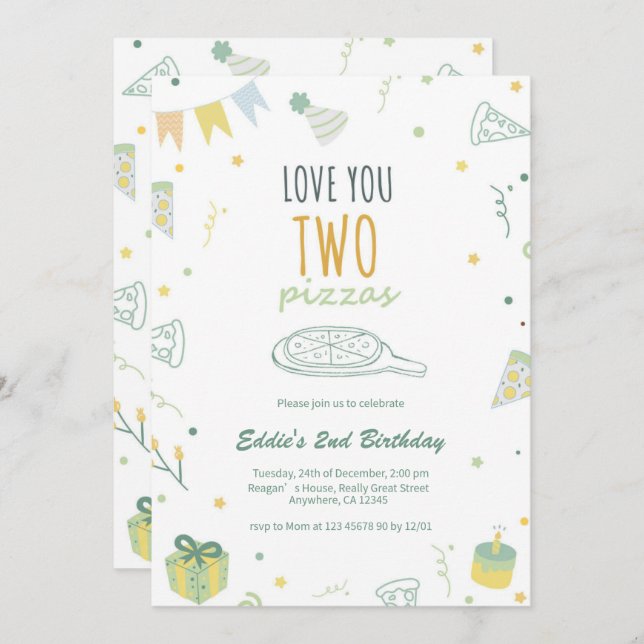 Boy 2e anniversaire Pizza Party Invitation Bleu (Devant / Derrière)