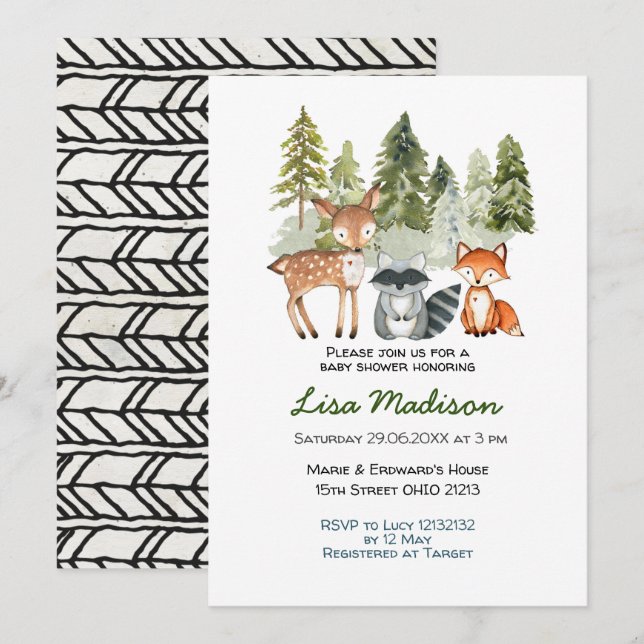 Boy Adventure Woodland Baby shower Invitation (Devant / Derrière)