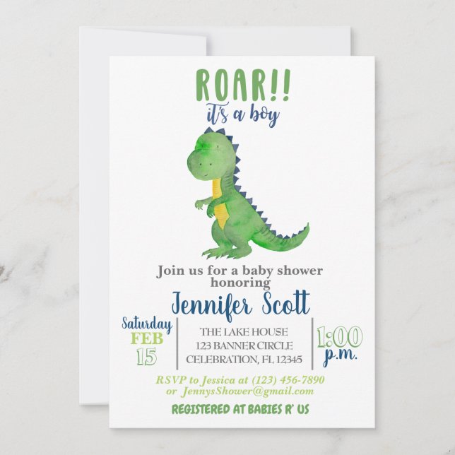 Boy Baby shower Aquarelle Dinosaur Invitation (Devant)