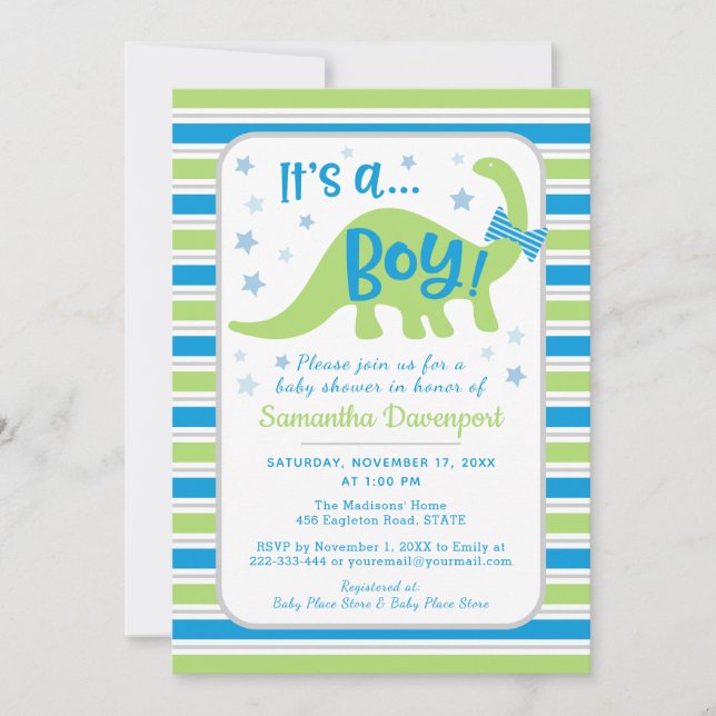 Boy Baby shower Green Dinosaur Invitation colorée (Devant)