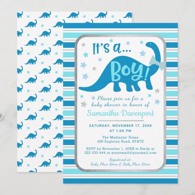 Boy Baby shower Invitation Dinosaur (Devant / Derrière)