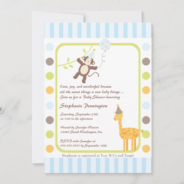 Boy baby shower jungle animaux de fête invitation (Devant)