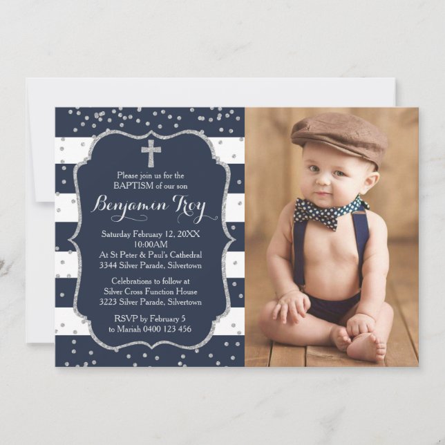 Boy Baptism Invitation Carte photo Marine Argent (Devant)