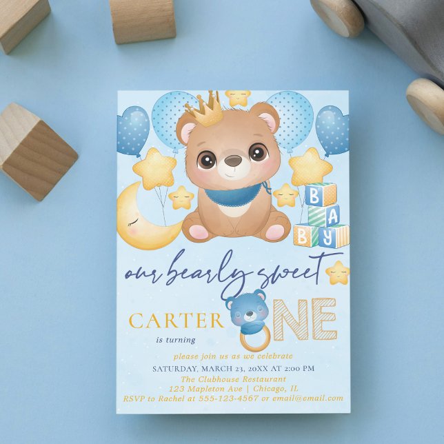 Boy Bear Blue First Birthday Invitation (Créateur téléchargé)