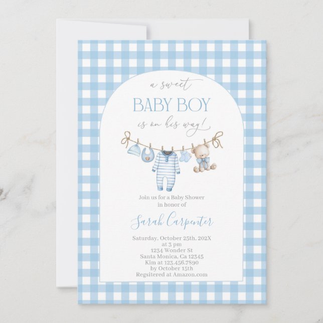 Boy Bear Clothesline Baby Shower invitation (Devant)