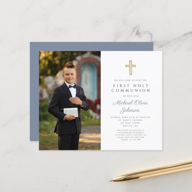 Boy Blue Budget Cross Photo Première communion (Devant/Arrière en situation)