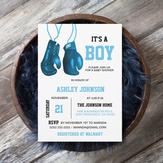 Boy Boxing Gloves Blue Baby Shower Invitations (Créateur téléchargé)