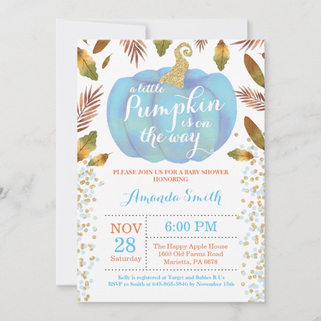 Boy Citrouille Automne Baby shower Invitation Or (Devant)