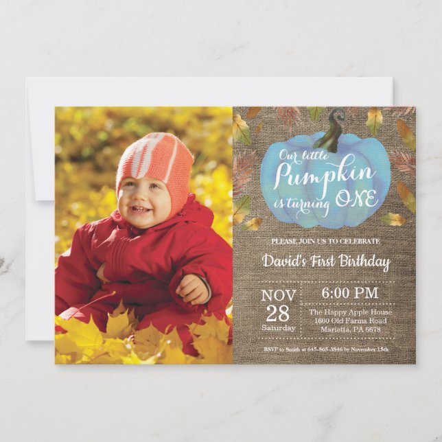 Boy Citrouille First Birthday Invitation Blue (Devant)