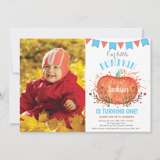 Boy Citrouille Invitation Anniversaire Orange et B (Devant)