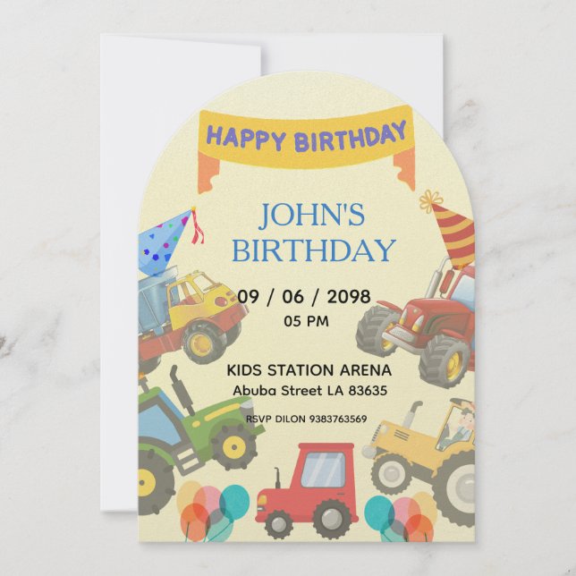 Boy Colorful Cartoon Tractor theme invitation  (Devant)