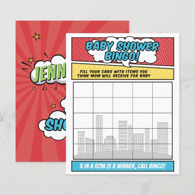 Boy Comic Book Superhero Baby shower Bingo Jeu (Devant / Derrière)