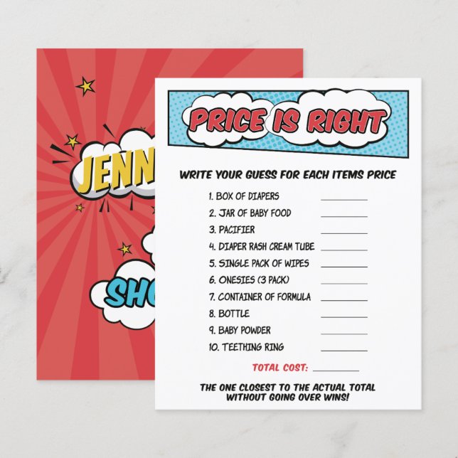 Boy Comic Book Superhero Baby shower Prix Jeu (Devant / Derrière)