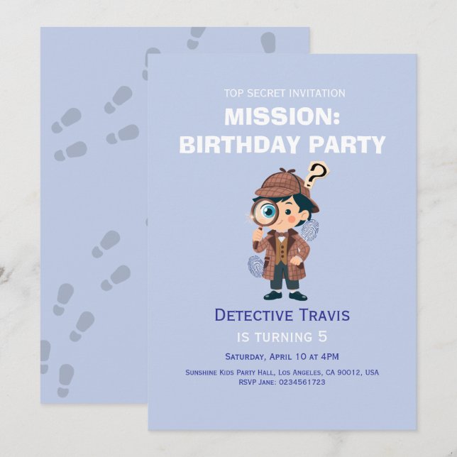 Boy Cute Detective Birthday Invitation (Devant / Derrière)