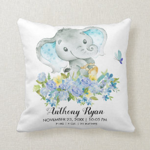 Boy Elephant Baby Birth Stats Coussin
