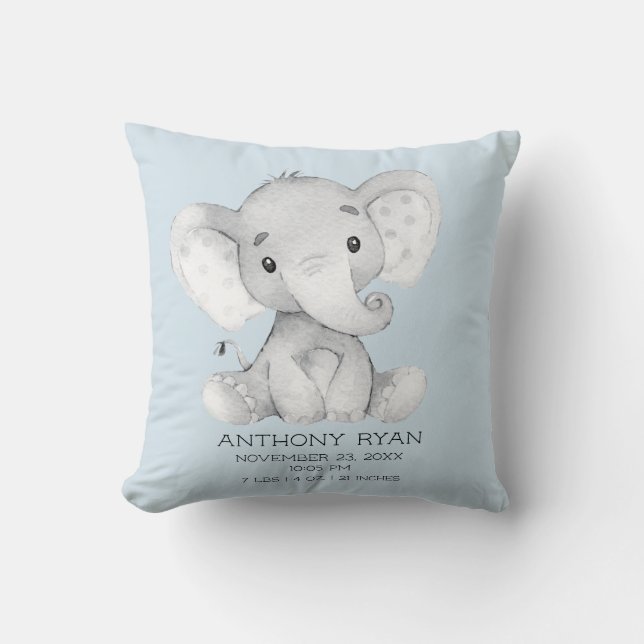 Boy Elephant Baby Birth Stats Coussin (Recto)