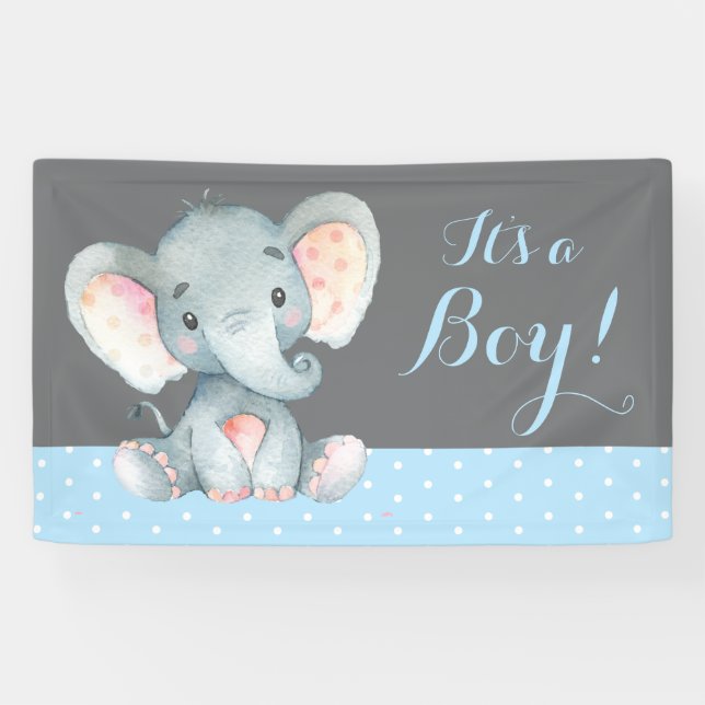 Boy Elephant Baby shower Bleu et gris bannière (Horizontal)