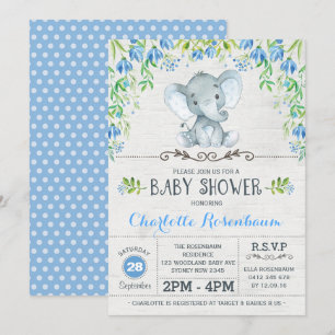 Boy Elephant Baby shower Invitation Blue Floral